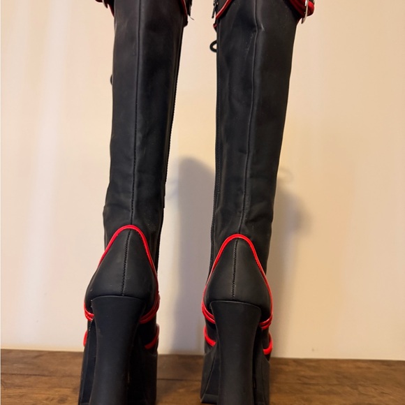 Black and Red Lace-Up & Zippered Platform Knee-High Boots - Picture 4 of 6